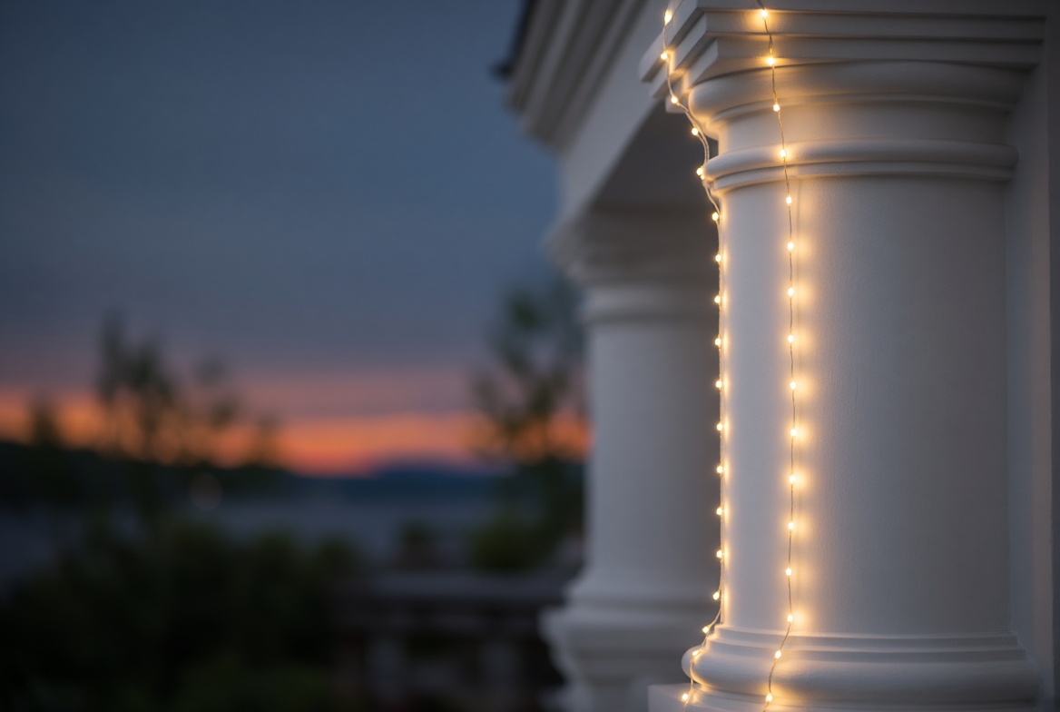 Warm lights wrapping a column at dusk