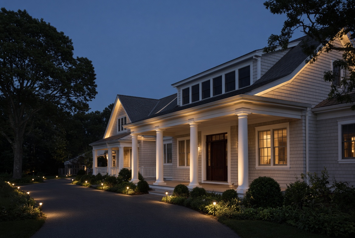 Shingle-style home with architectural lighting
