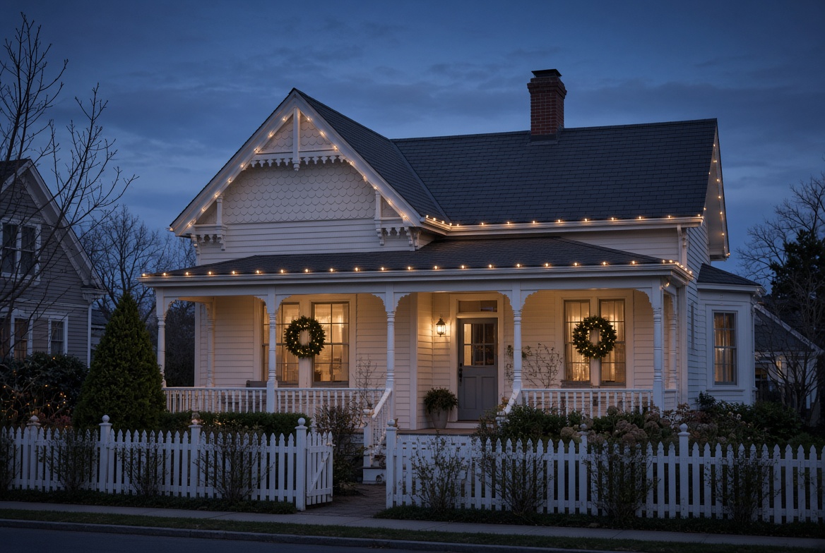 Cottage with restrained holiday lighting