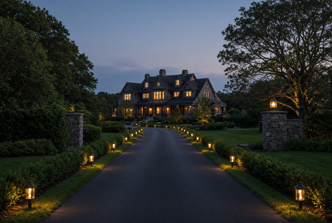 Driveway lights leading to a house